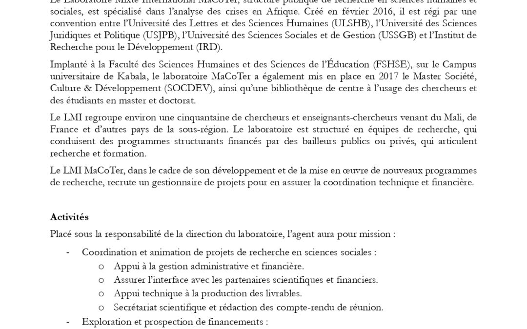 Offre d’emploi – Chargé de projets