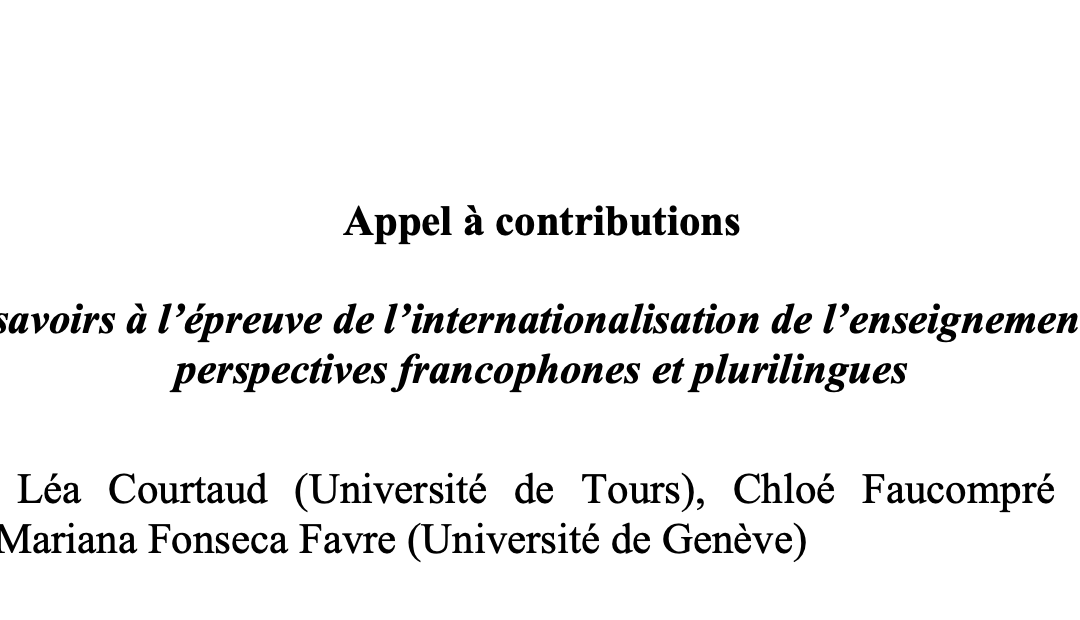 APPEL À CONTRIBUTIONS – PUBLICATION SCIENTIFIQUE